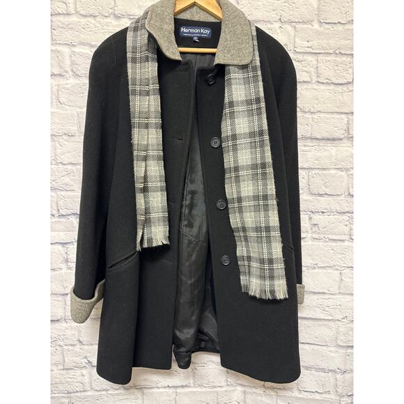 Herman Kay Black Wool Blend Button Up Pea Coat with Gray Plaid Scarf Women's 12 - Picture 1 of 5